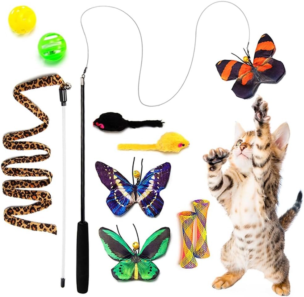 AWOOF Butterfly Cat Wand Toy Set, 11 Pcs