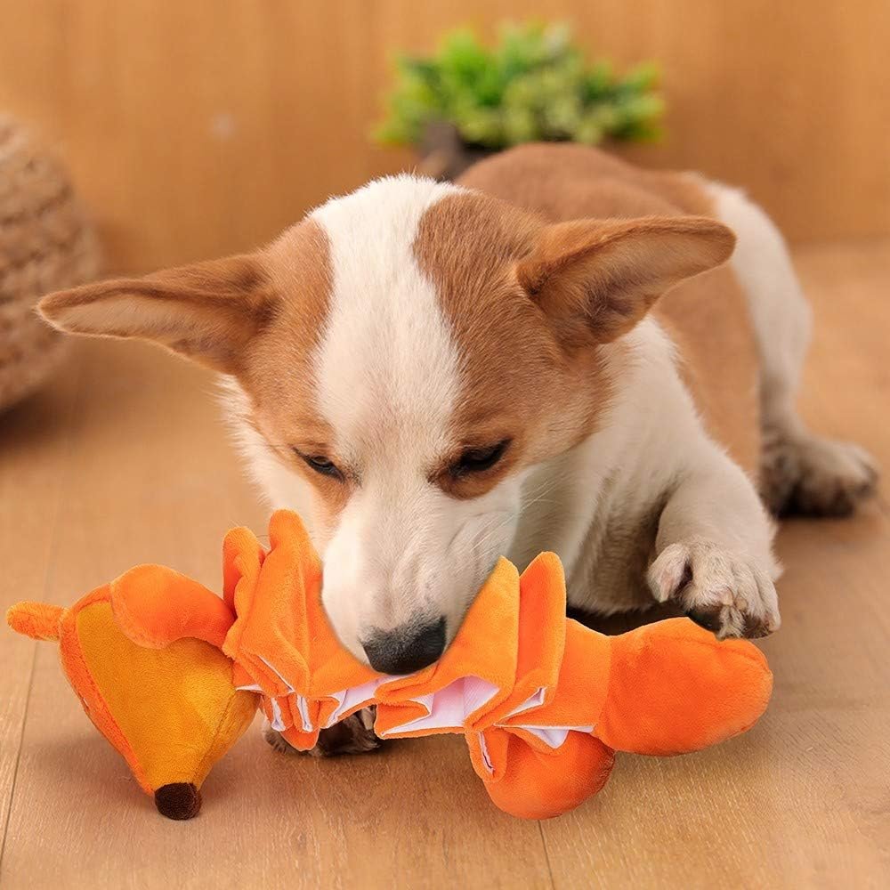 Waffles with an AWOOF no-stuffing fox & raccoon toys