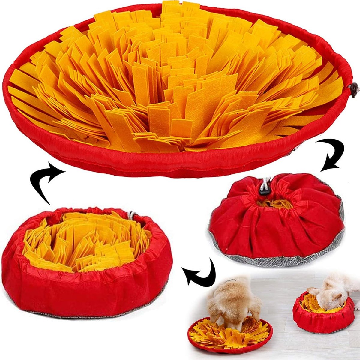 AWOOF Drawstring Snuffle Bowl Mat, Yellow & Red